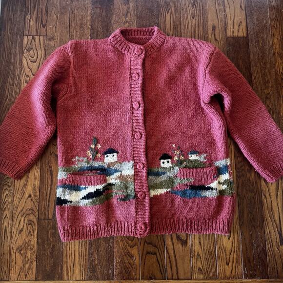 Dobrila Sweaters - Vintage Dobrila Hand-Knitted Wool Sweater Womens XL Cardigan Houses 80s No Label